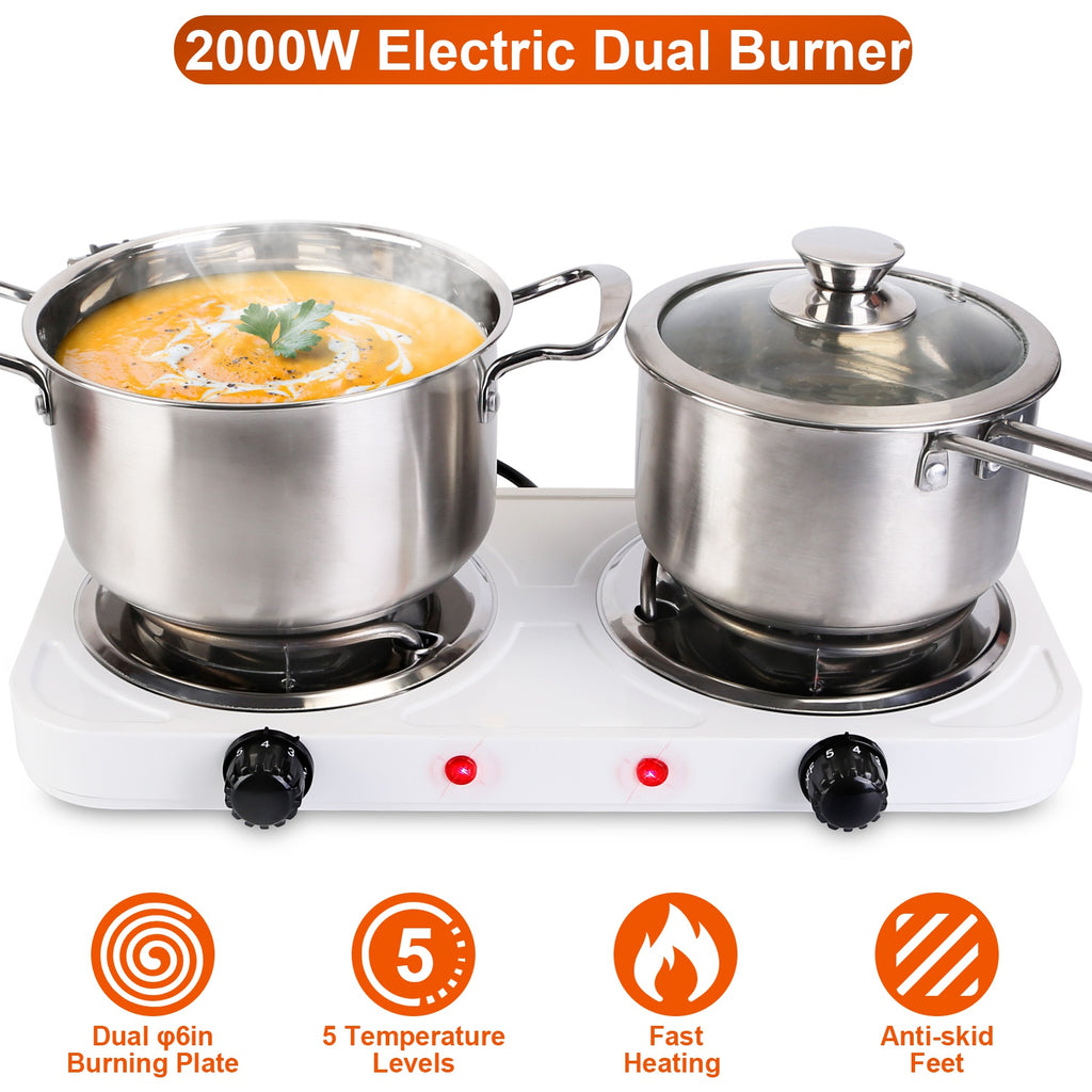 2 Color Options -- 1Pc 2000W Electric Double Burner Portable Coil Heating Hot Plate Stove Countertop RV Hotplate With Non Slip Rubber Feet 5 Temperature Adjustments