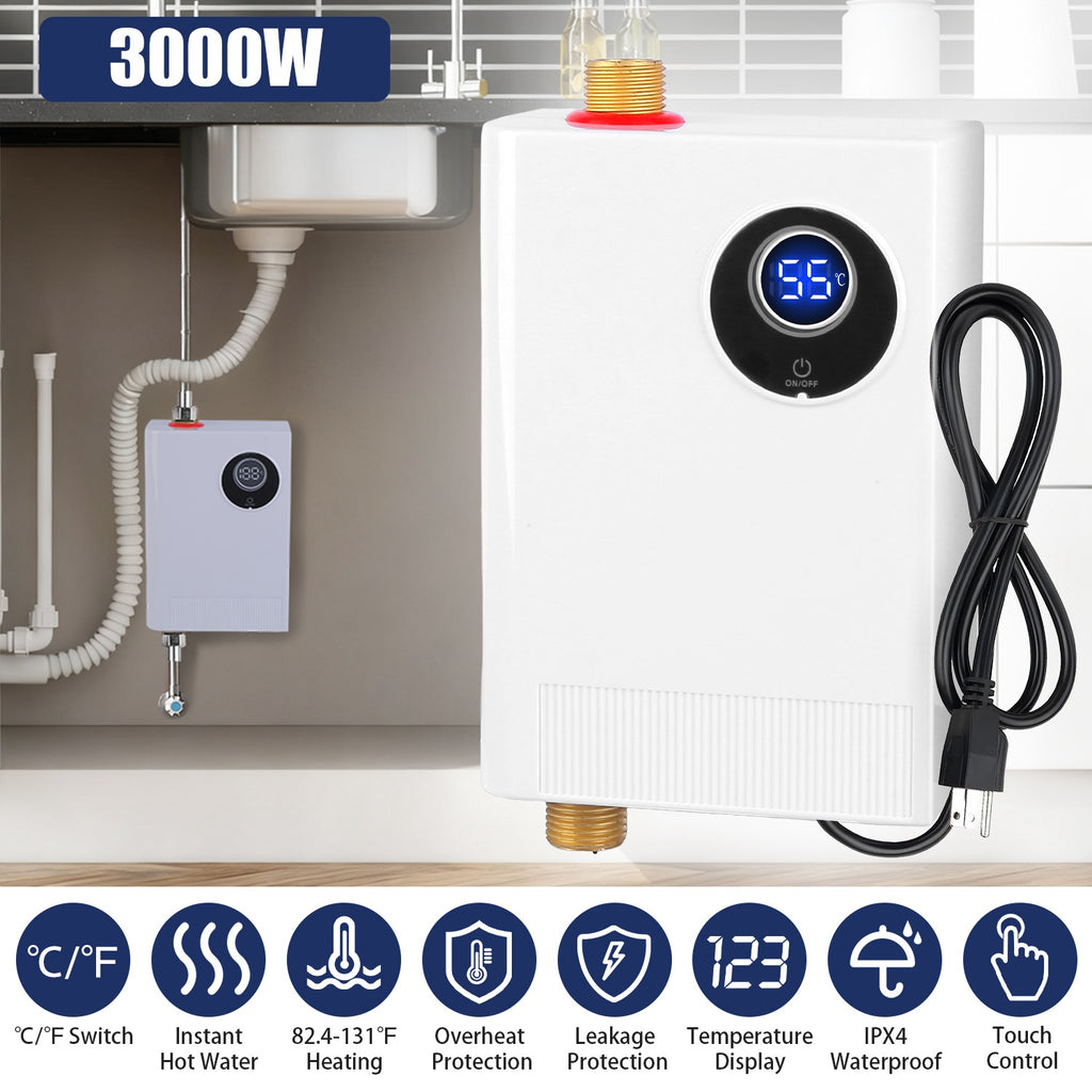 3000W Electric Tankless Water Heater Instant Mini Hot Water Heater With Digital Display For Kitchen RV Sink Bathroom