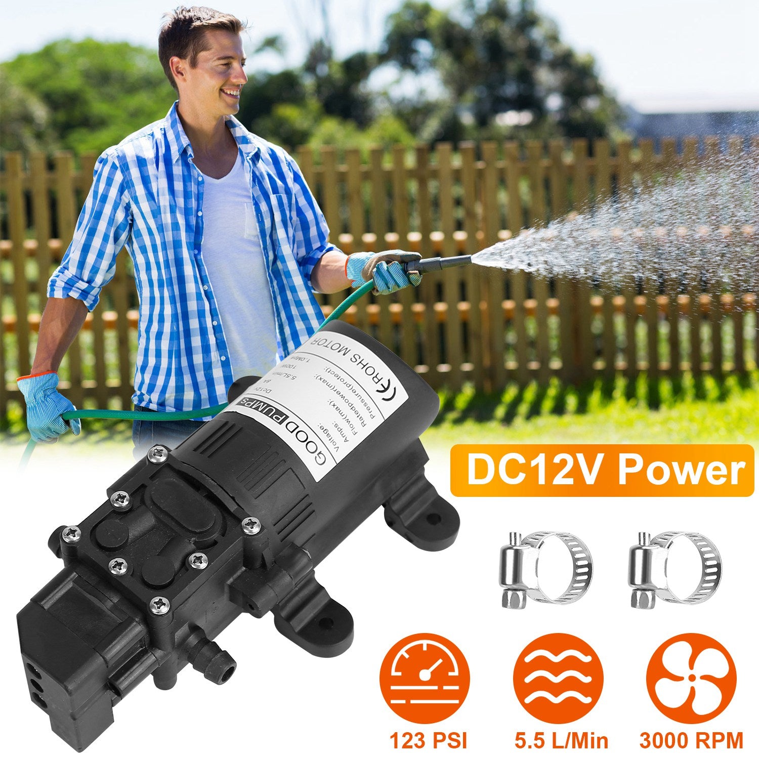 1Pc 12V Watering Device With 2 Hose Clamps 130PSI Self Priming Sprayer 70W Electric Diaphragm Watering 6L Per Min For RV Camper Marine Boat