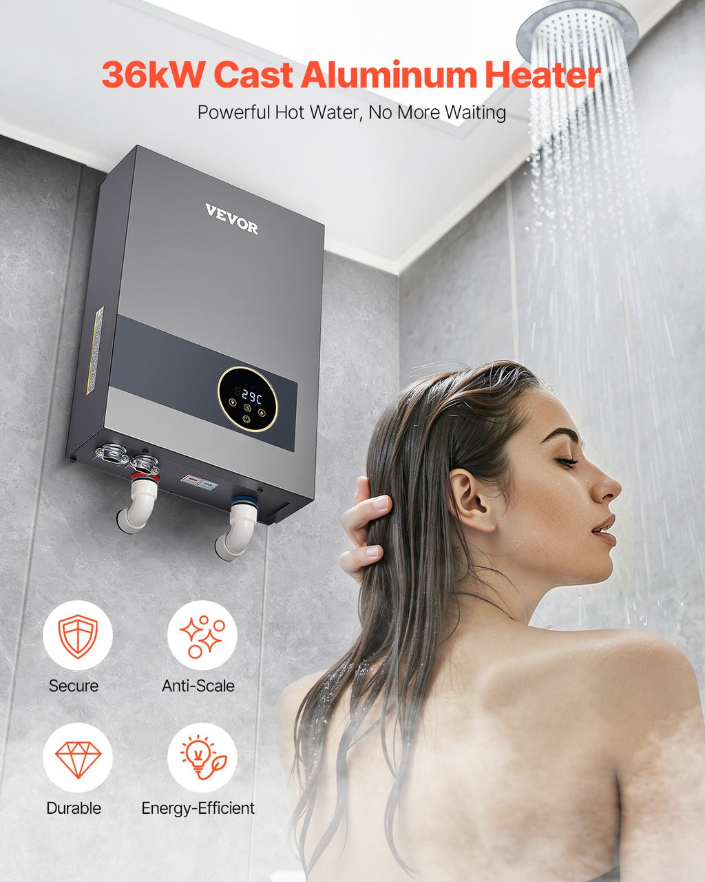 Tankless Electric Water Heater, 36kW Instant Hot Water Heater Under Sink, On Demand For Bathroom, Kitchen, Office With LCD Touch Screen, Child Security Lock ,Space-Saving, 240V