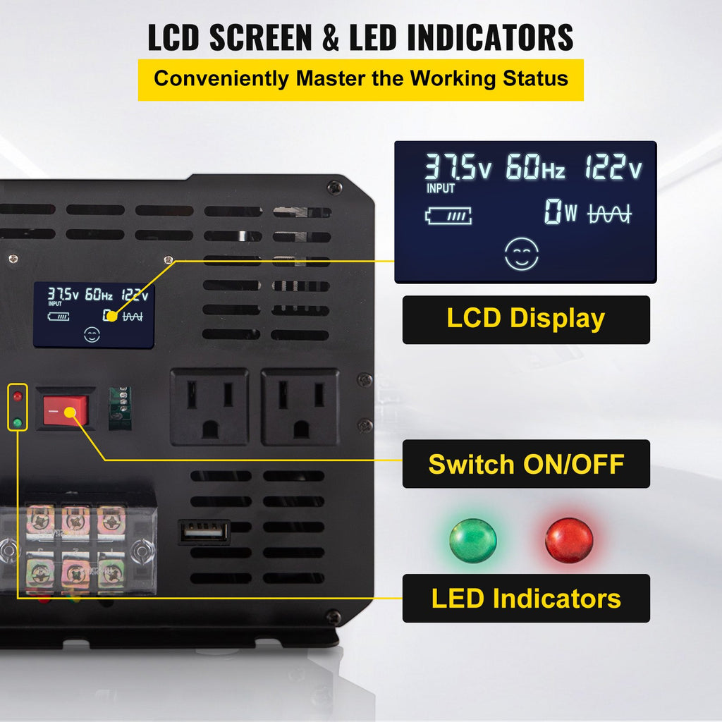 Power Inverter, 5000W Modified Sine Wave Inverter, DC 12V To AC 120V Car Converter, With LCD Remote Controller, LED Indicator, AC Outlets Inverter For Truck RV Car Boat Travel Camping Emergency