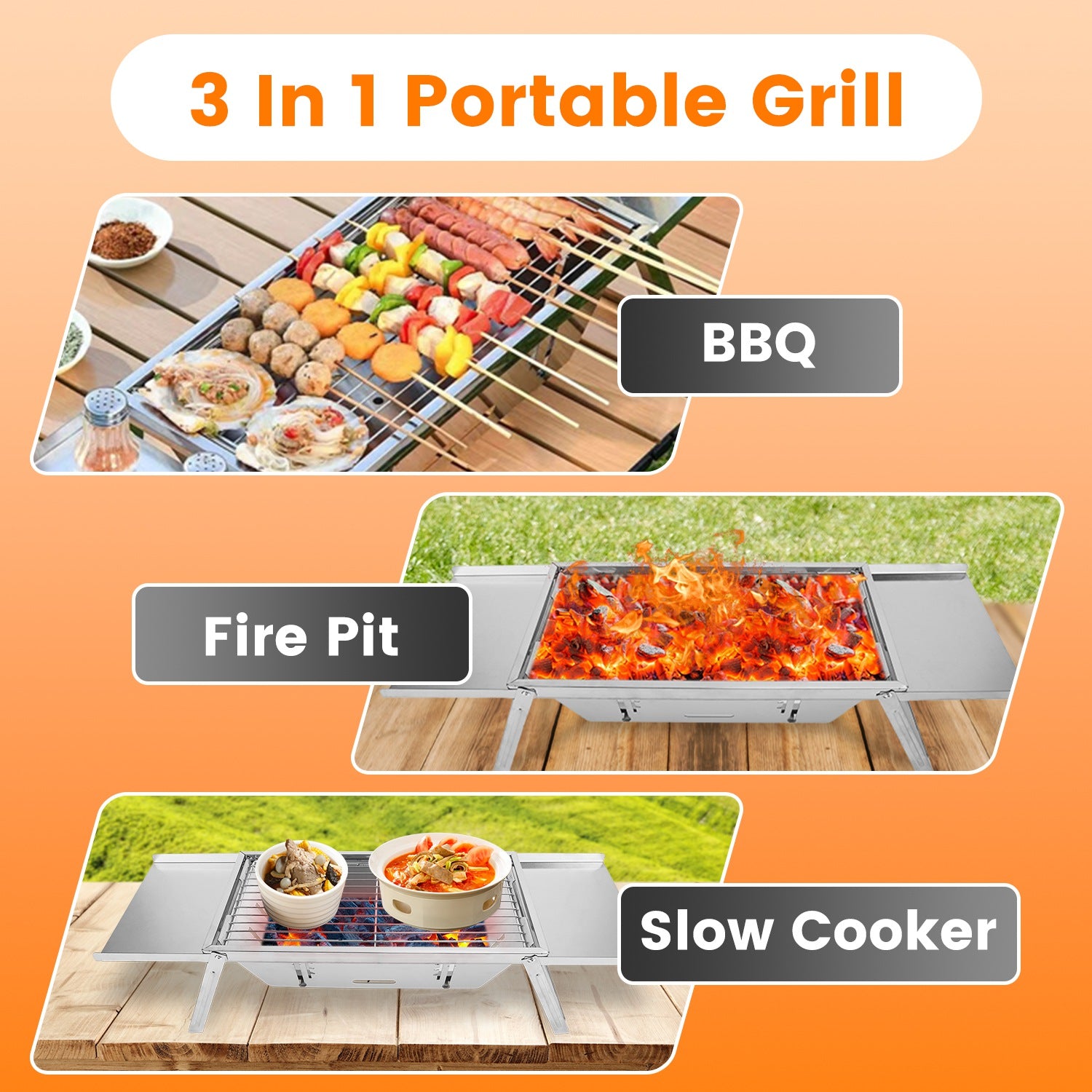 1 Set 3 In 1 Foldable Charcoal Grill Fire Pit Slow Cooker 2-3 People Portable Camping Grill Stainless Steel BBQ Grill For Camping Tailgating Yard