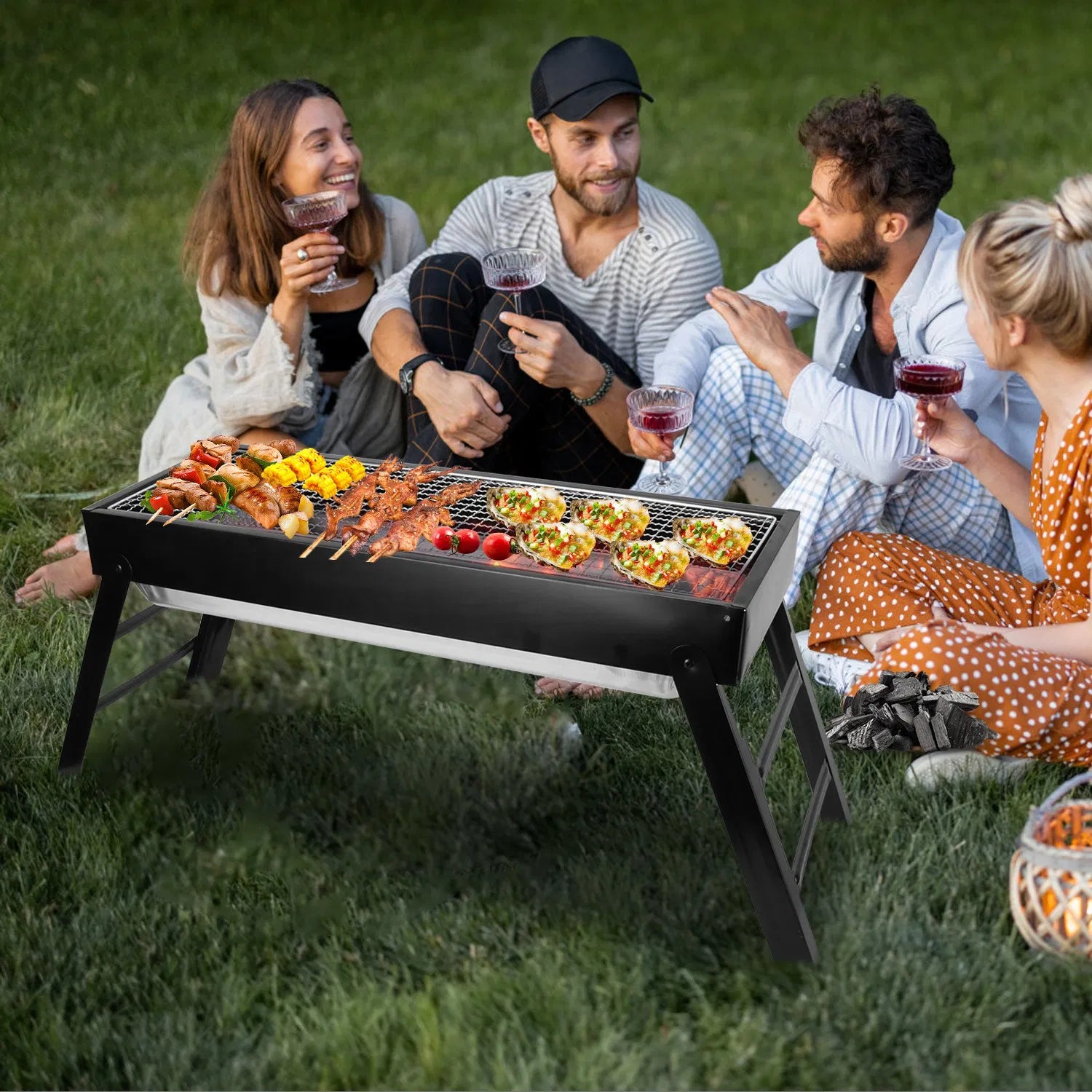 Foldable Charcoal BBQ Grill Stainless Steel Grill Net Easy Setup Portable Tabletop Barbecue Grill For Camping Picnic Outdoor Party