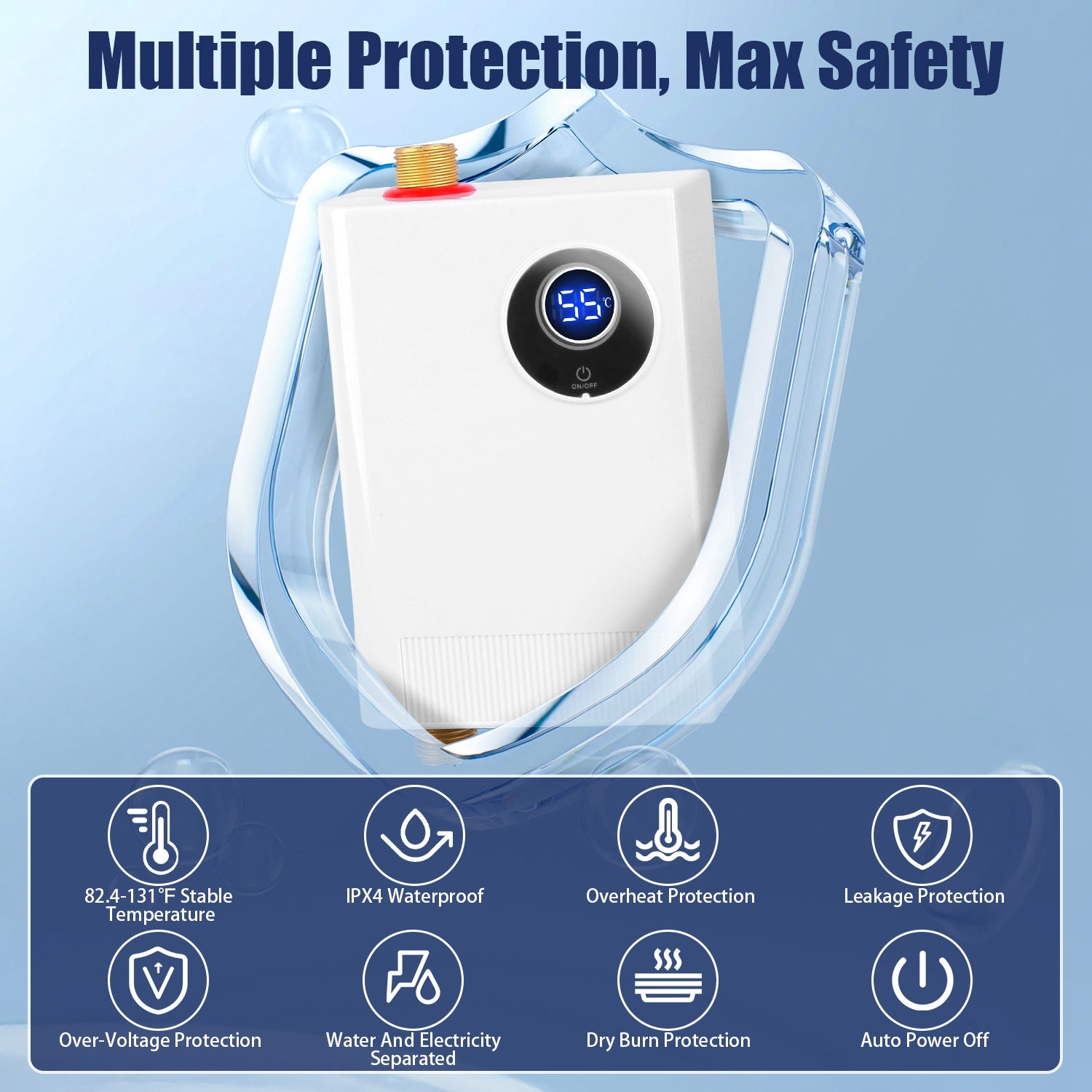 3000W Electric Tankless Water Heater Instant Mini Hot Water Heater With Digital Display For Kitchen RV Sink Bathroom