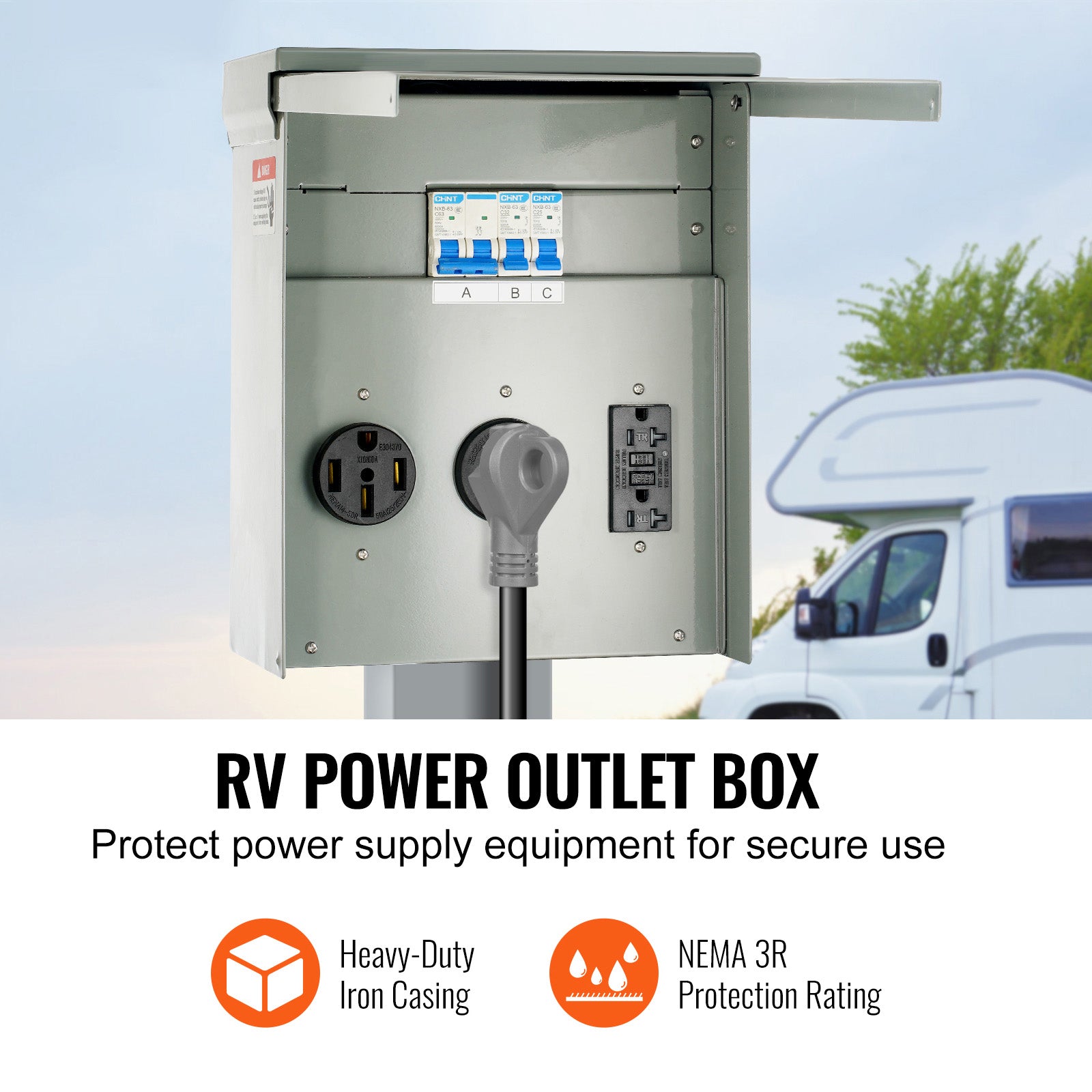 VEVOR Temporary Power Outlet Panel,RV Power Outlet Box With A  Receptacle Installed, NEMA 14-50R   NEMA TT-30R  15A GFCI For RV Camper Trailer Motorhome, Tested To UL Standards