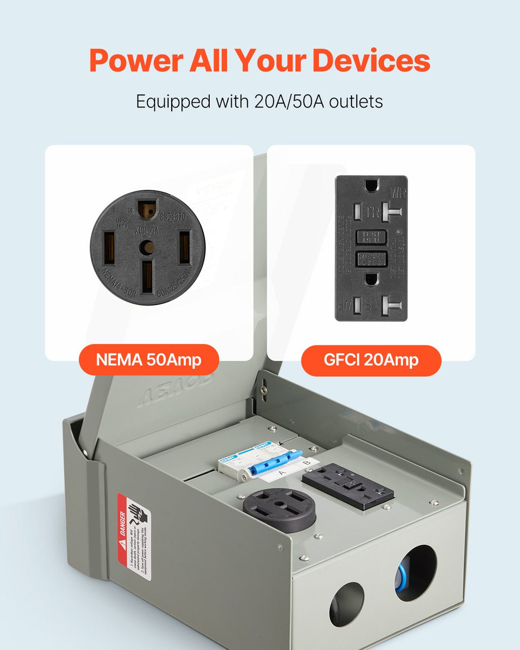 Temporary RV Power Outlet Panel - 20/50 Amp Electrical Box for Campers