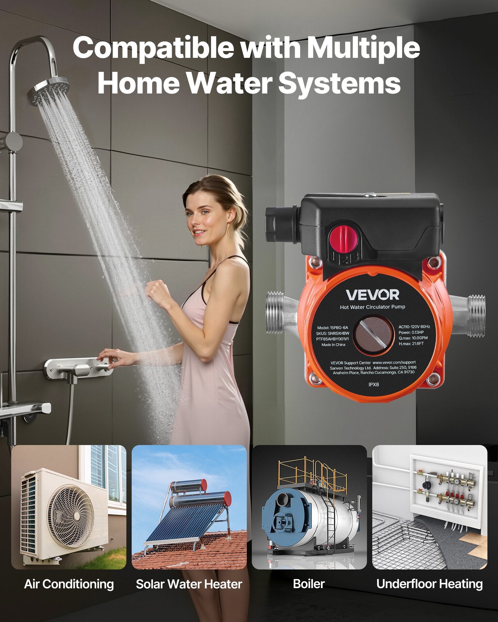 Hot Water Recirculating Pump, 10 GPM, Instant Circulation Circulator Pump System, 3-Speed Control, 0.13 HP, 110-120V, NPT 3/4 In To NPT 1/2 In Adapter, Stainless Steel Head, For Water Heaters