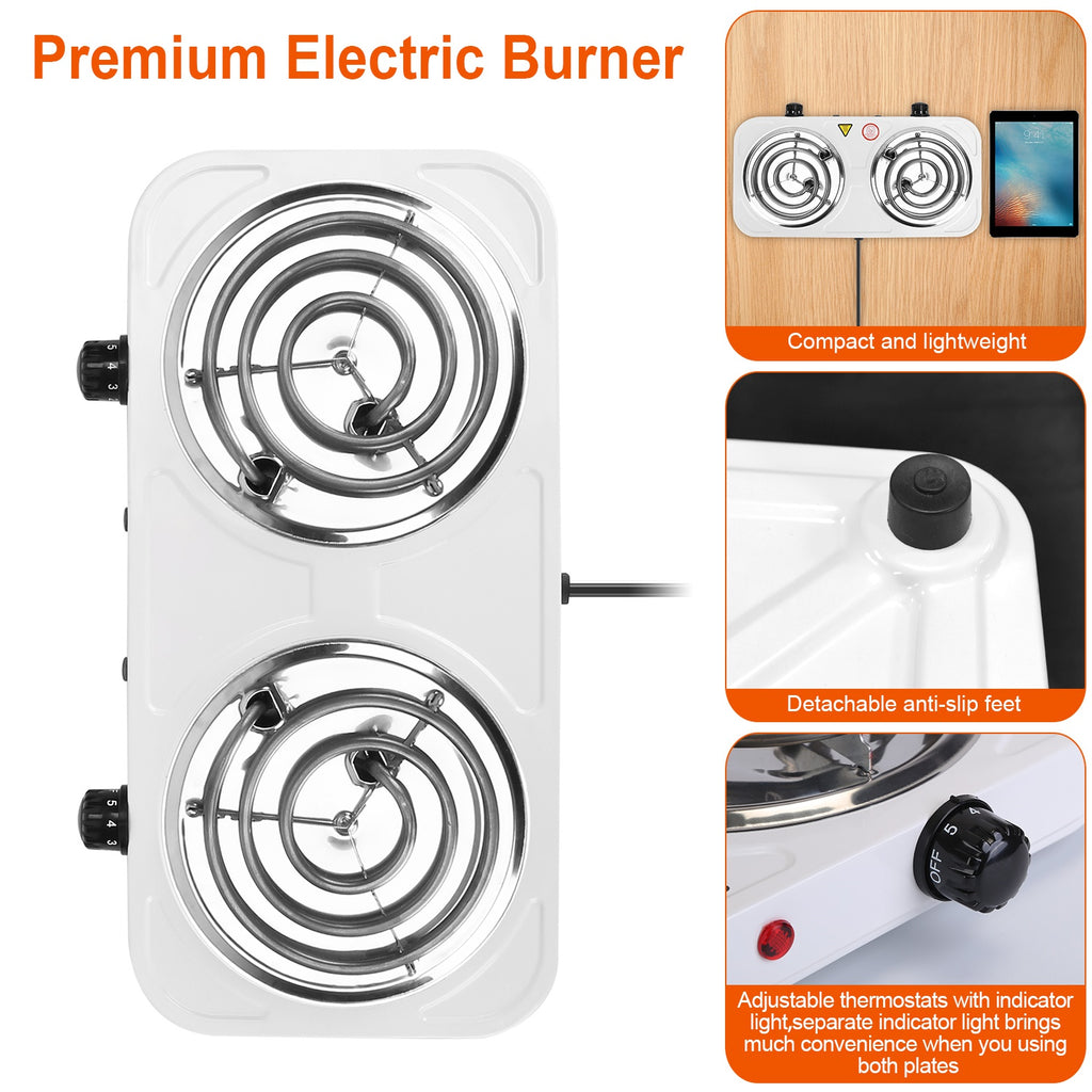 2 Color Options -- 1Pc 2000W Electric Double Burner Portable Coil Heating Hot Plate Stove Countertop RV Hotplate With Non Slip Rubber Feet 5 Temperature Adjustments