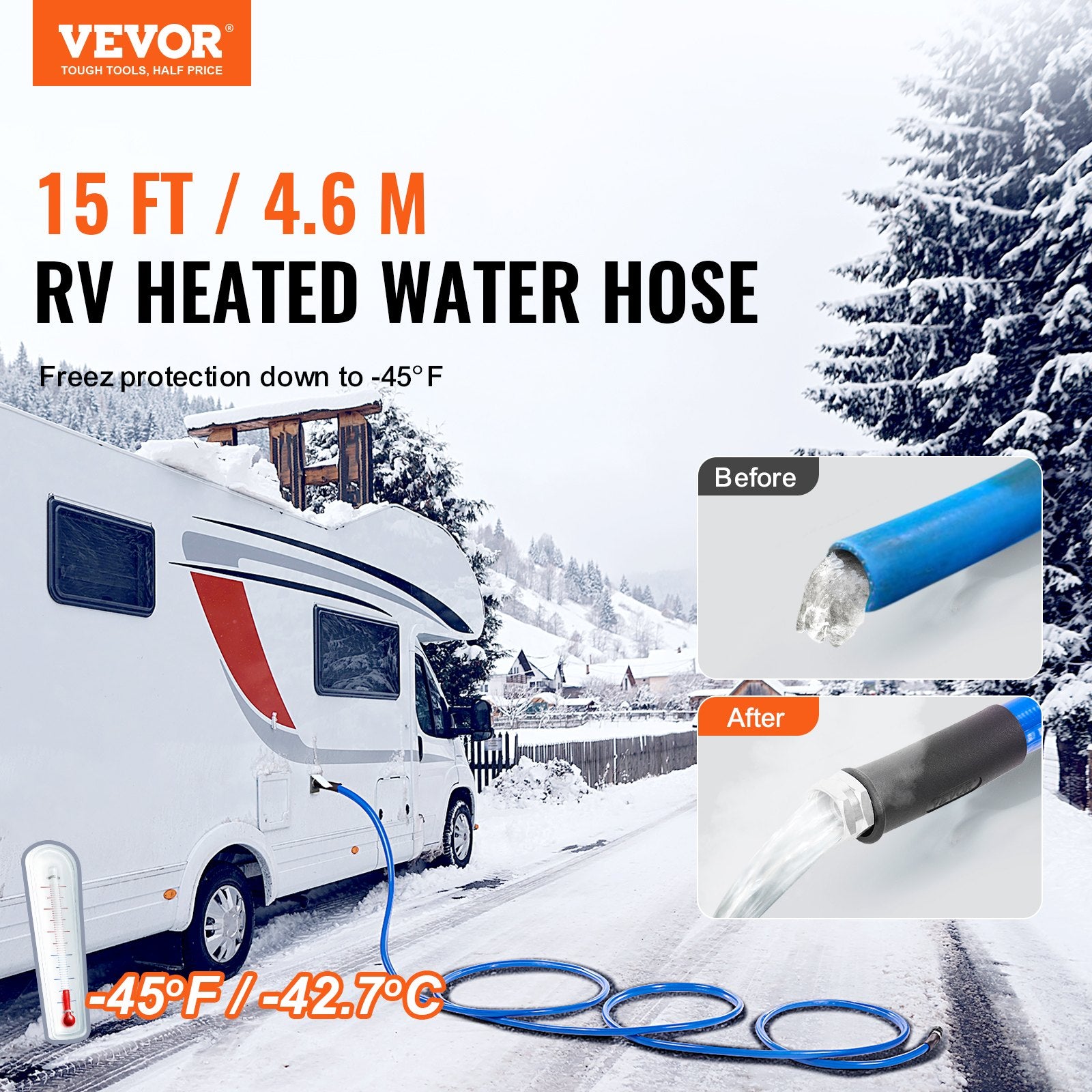 15ft Heated Water Hose For RV, Heated Drinking Water Hose Antifreeze To -45°F, Automatic Self-regulating, 5/8" I.D. With 3/4" GHT Adapter, Lead And BPA Free