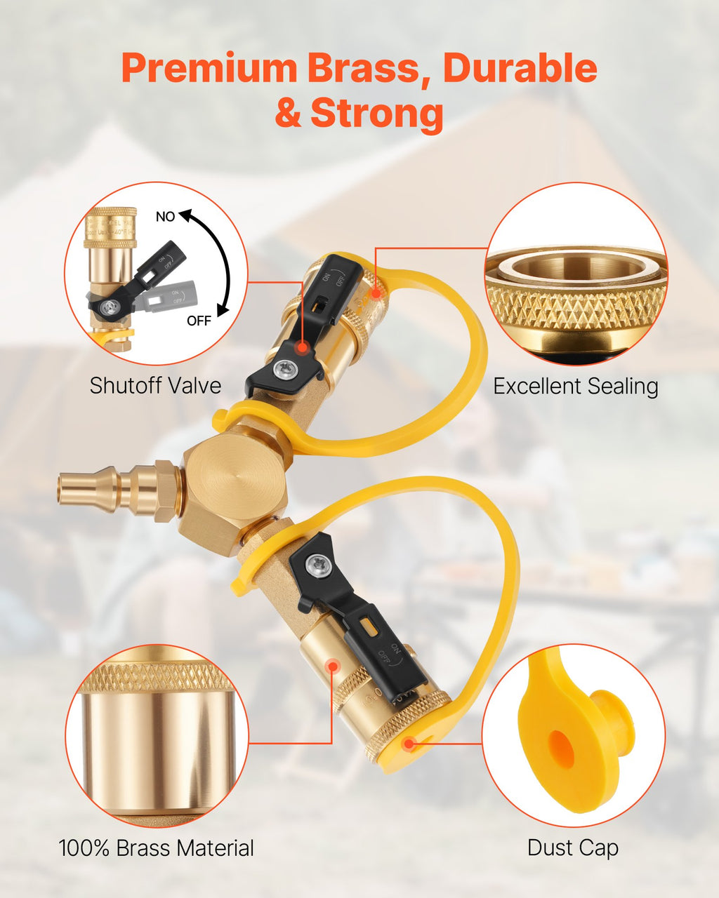 RV Propane Quick Connect Y Splitter - 2-Way 1/4" Adapter with Shutoff Valve