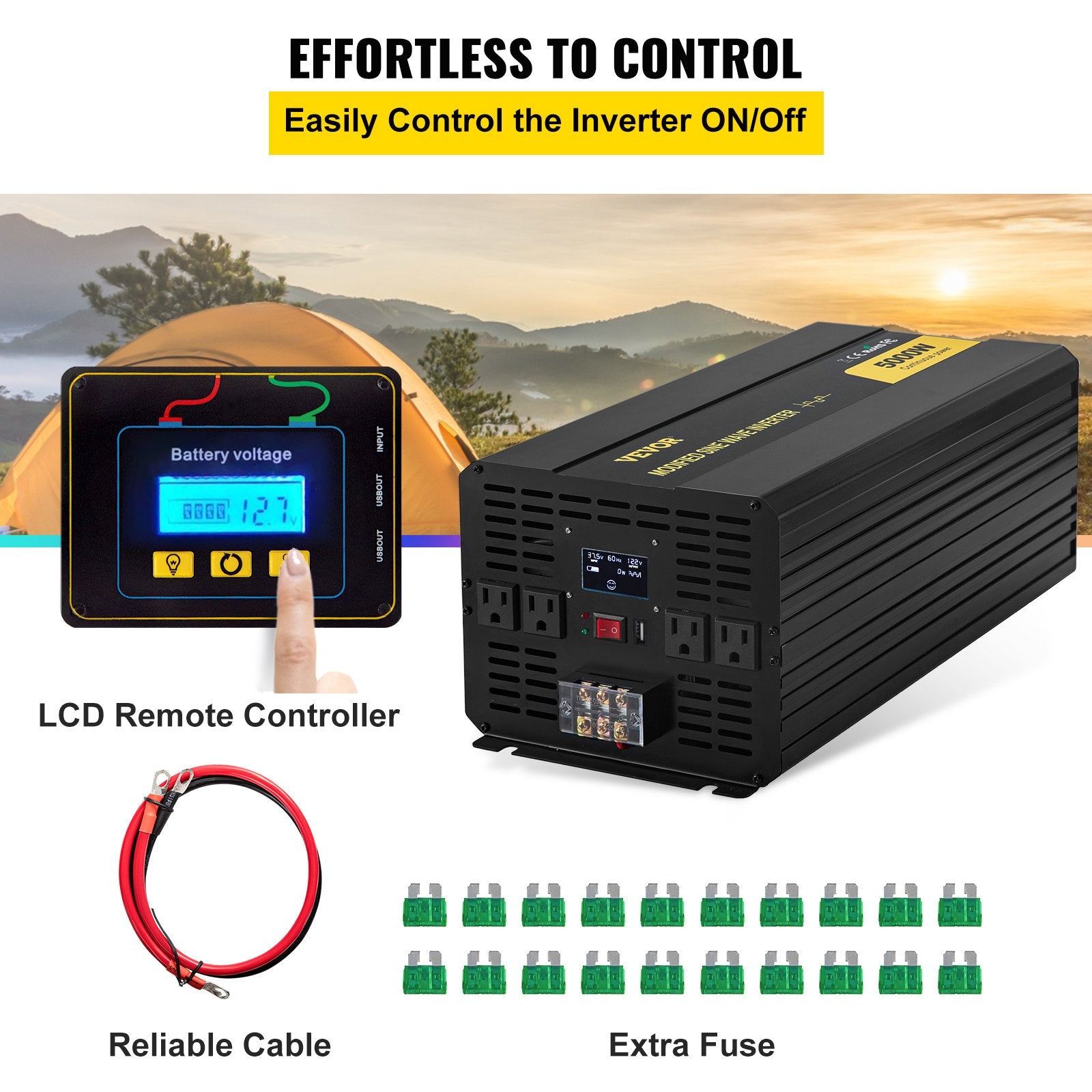 Power Inverter, 5000W Modified Sine Wave Inverter, DC 12V To AC 120V Car Converter, With LCD Remote Controller, LED Indicator, AC Outlets Inverter For Truck RV Car Boat Travel Camping Emergency