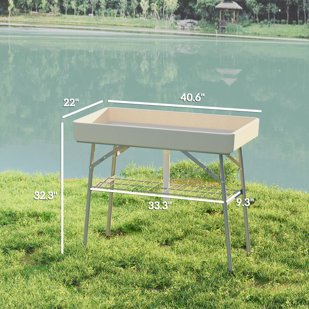 3.4ft Folding Ice Cooler Table With Drain, Fill And Chill Table Outdoor Table Cooler With Storage Shelf, Drink Cooler For Parties Picnic BBQ Camping Wedding, Tan