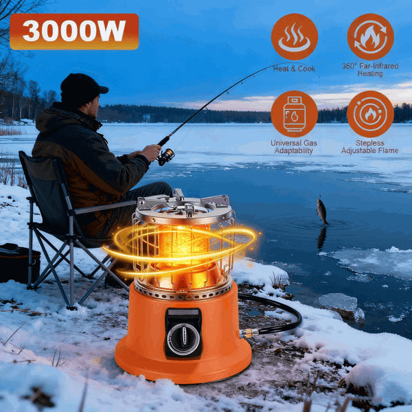 3000W 2 In 1 Portable Propane Heater & Stove - 360° Far-Infrared Heating With Stepless Flame Adjustment, Compatible With Butane/Isobutane, Perfect For Camping RV Backyard Gatherings
