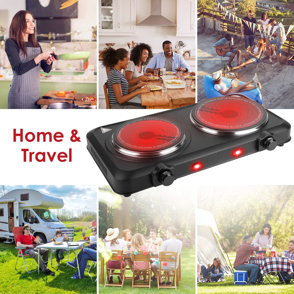 1Pc 2000W Electric Infrared Dual Burner Portable Heating Hot Plate Stove Countertop RV Hotplate With Glass Cooktop Stepless Temperature Adjustments For Home RV Camp