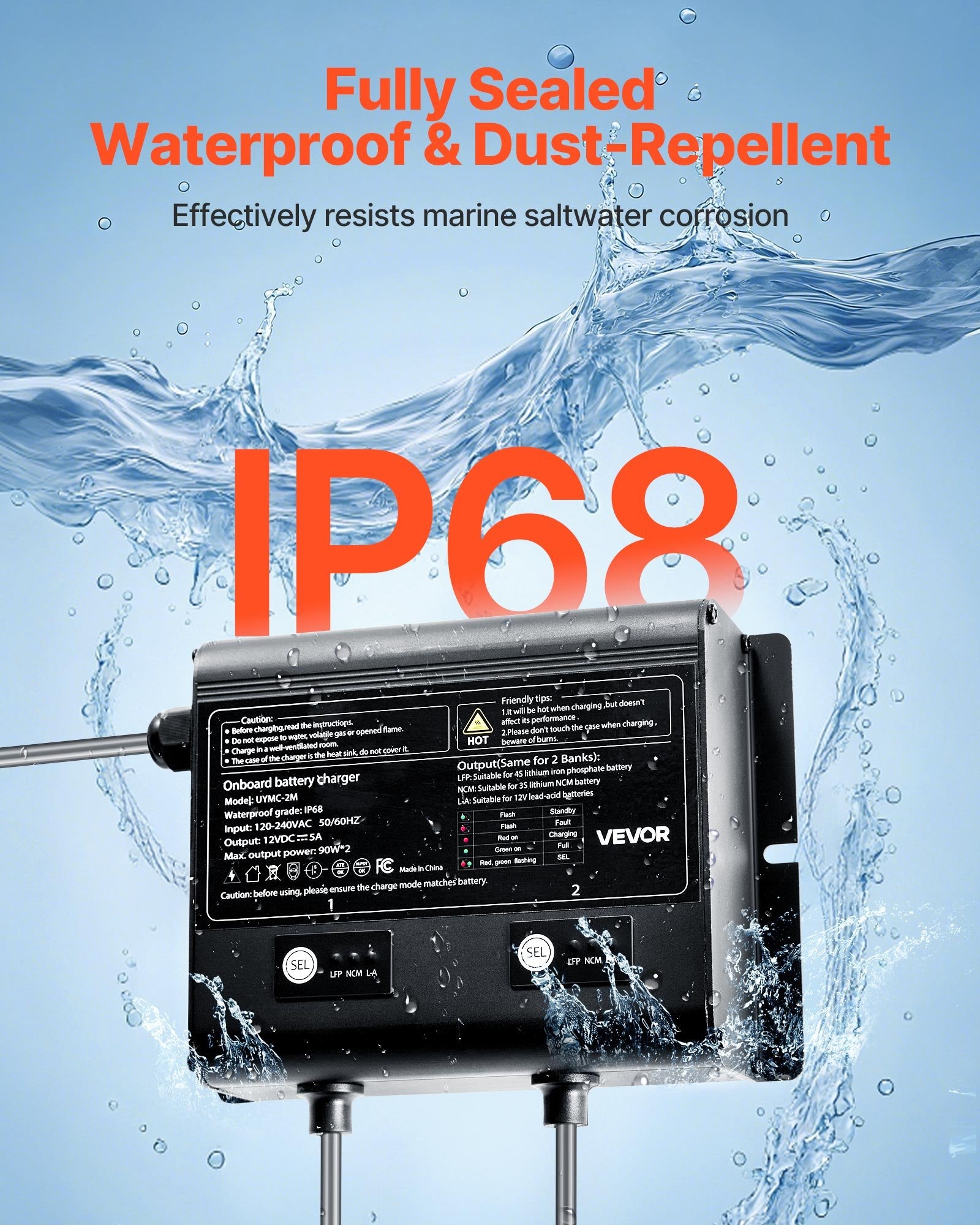 2-Bank 5A 12V Smart Marine Battery Charger - IP68 Waterproof for RV & Boat