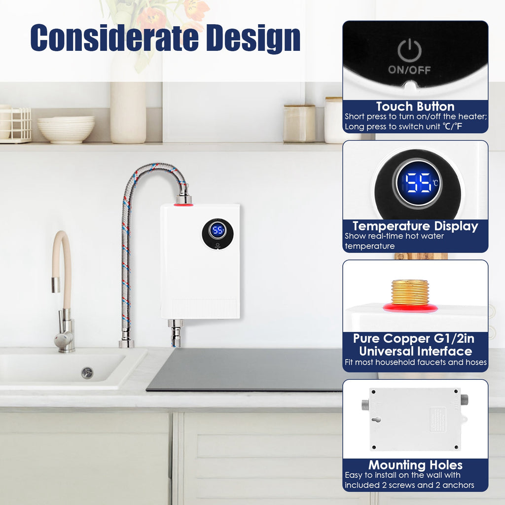 3000W Electric Tankless Water Heater Instant Mini Hot Water Heater With Digital Display For Kitchen RV Sink Bathroom