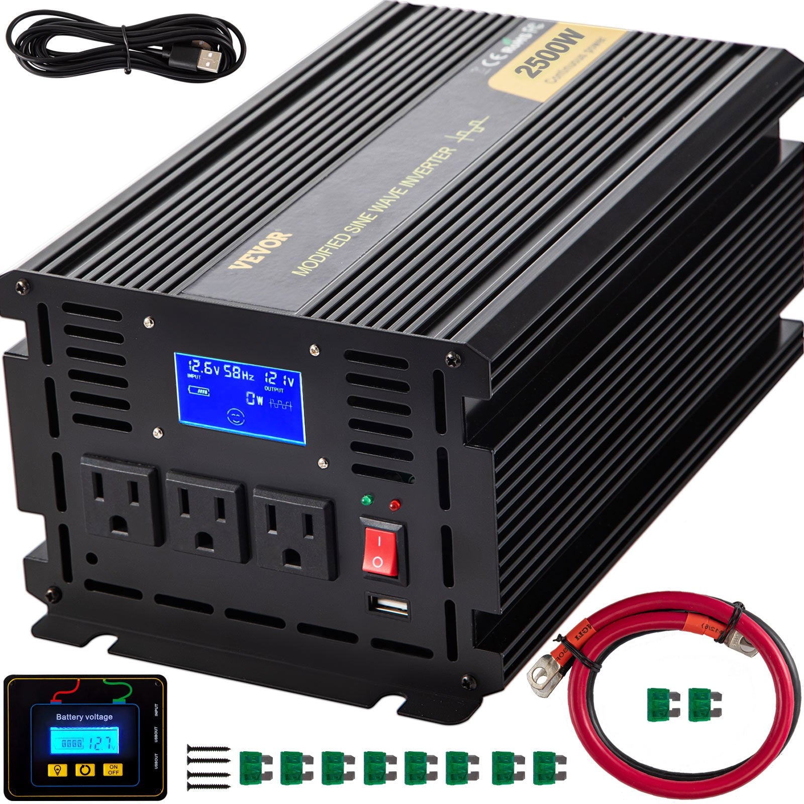 Power Inverter, 2500W Modified Sine Wave Inverter, DC 12V To AC 120V Car Converter, With LCD Display, Remote Controller, LED Indicator, AC Outlets Inverter For Truck RV Car Boat Travel Camping