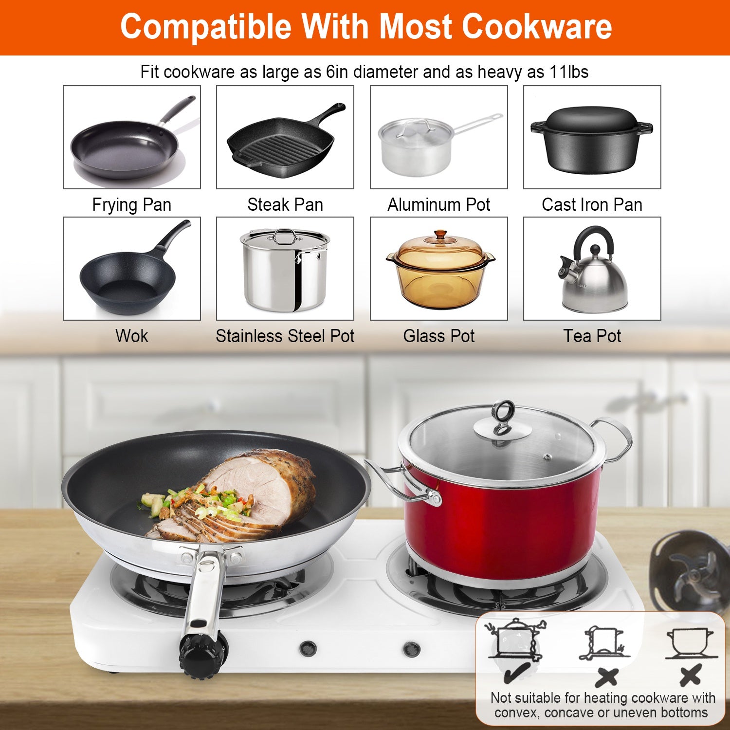 2 Color Options -- 1Pc 2000W Electric Double Burner Portable Coil Heating Hot Plate Stove Countertop RV Hotplate With Non Slip Rubber Feet 5 Temperature Adjustments