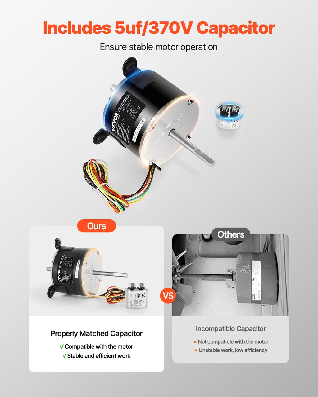 1/5HP RV AC Fan Motor AC115V 2.6A 1650RPM Single Phase With 5uf/370V Capacitor