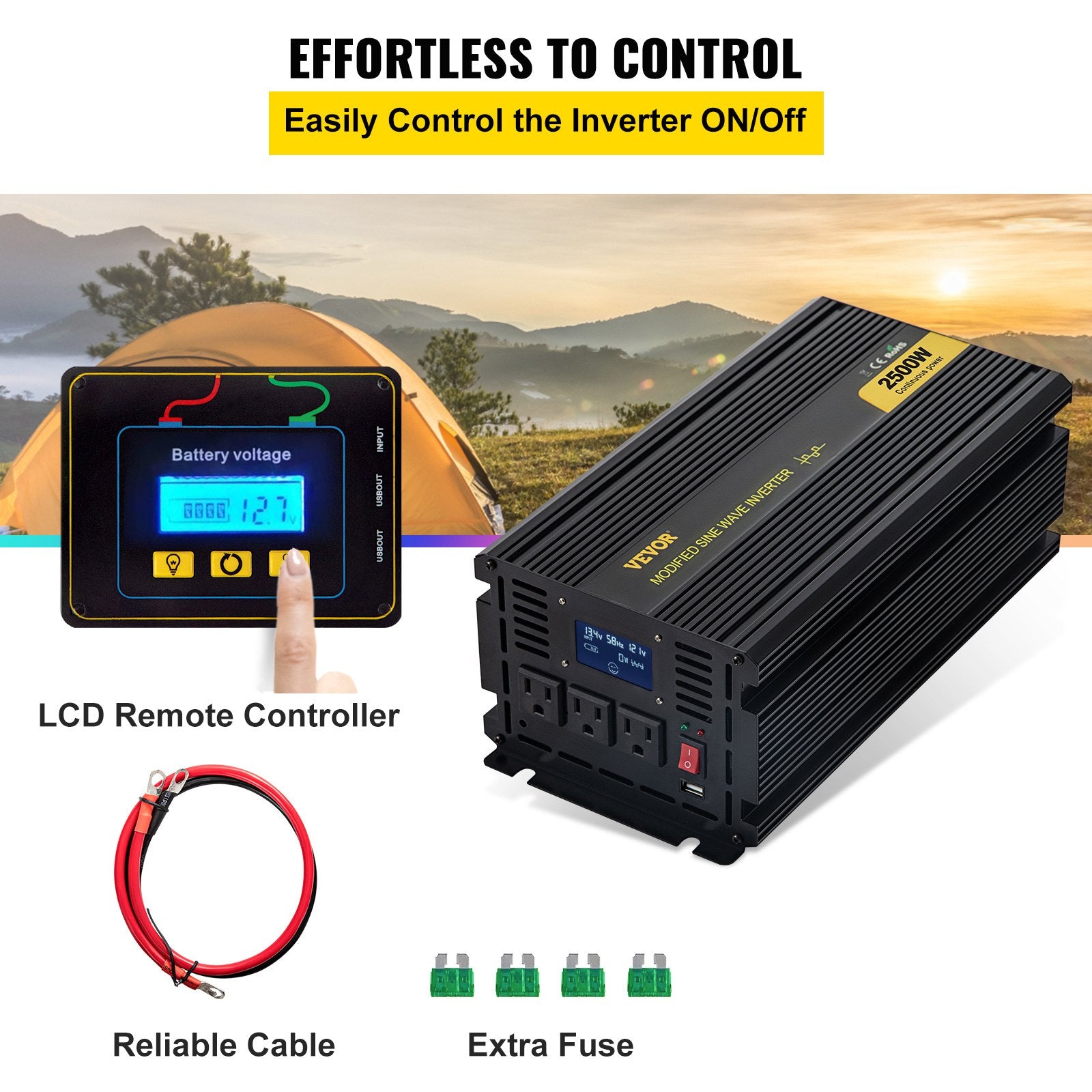 Power Inverter, 2500W Modified Sine Wave Inverter, DC 12V To AC 120V Car Converter, With LCD Display, Remote Controller, LED Indicator, AC Outlets Inverter For Truck RV Car Boat Travel Camping
