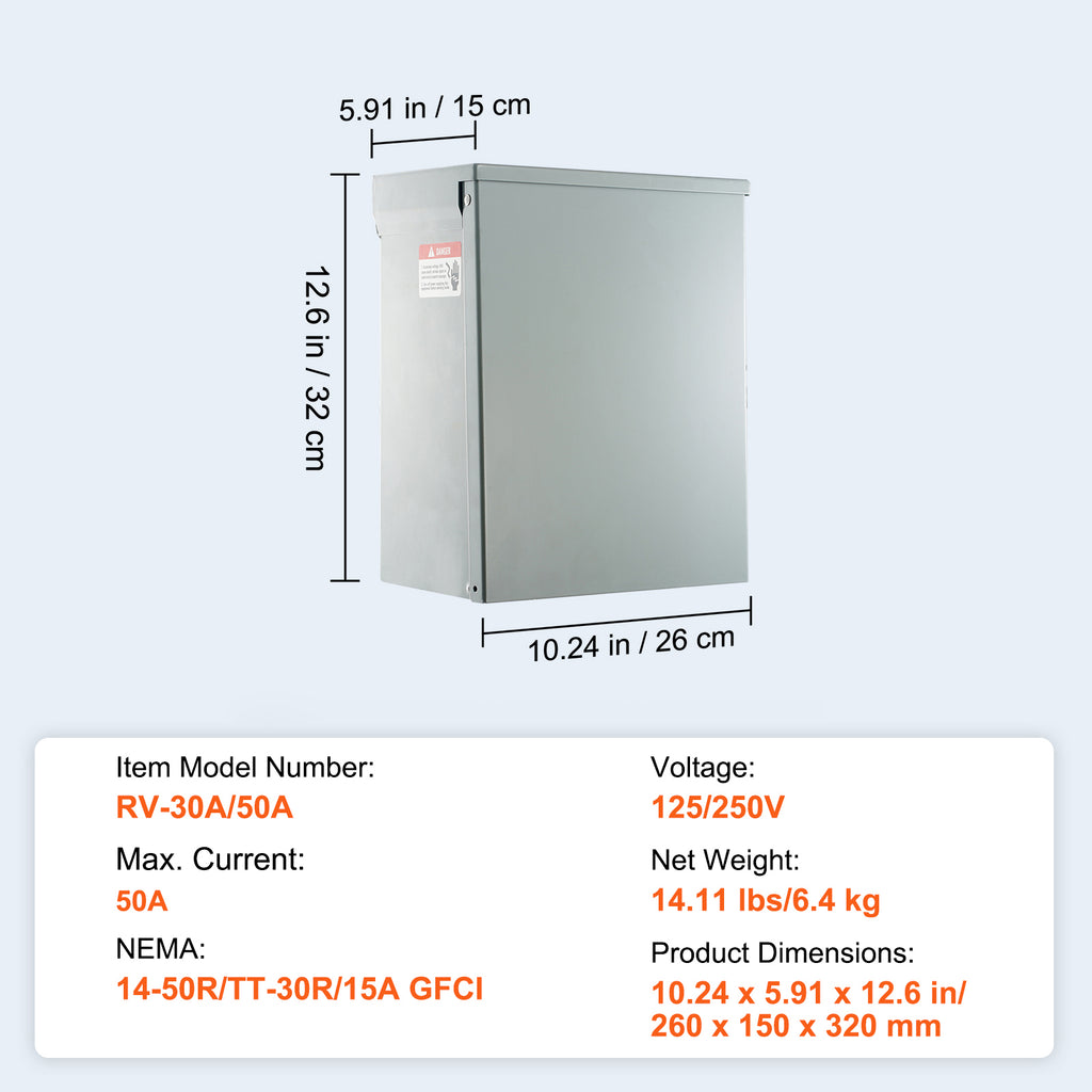 VEVOR Temporary Power Outlet Panel,RV Power Outlet Box With A  Receptacle Installed, NEMA 14-50R   NEMA TT-30R  15A GFCI For RV Camper Trailer Motorhome, Tested To UL Standards