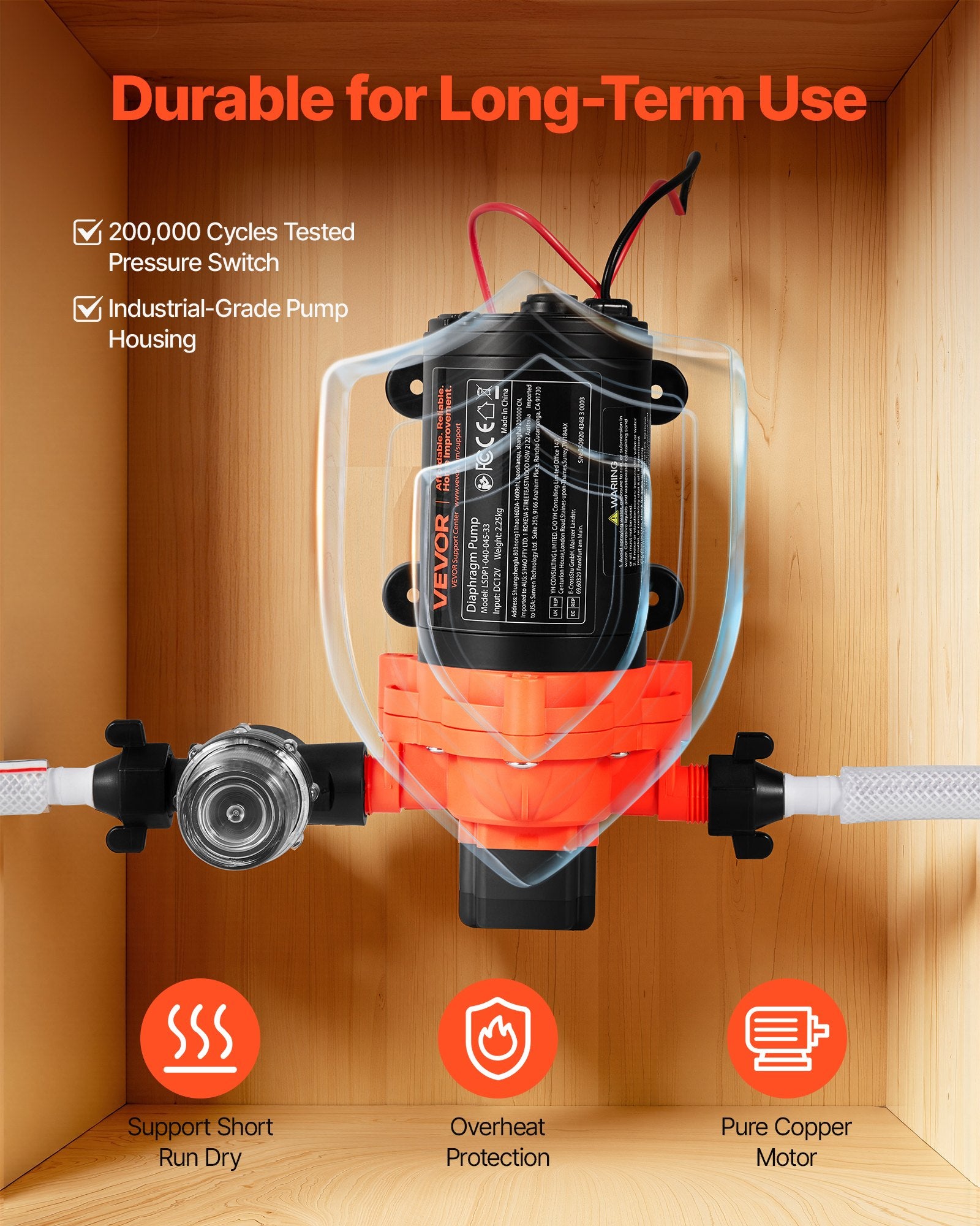 RV Water Pump, 12V DC 4 GPM (15.1 L/min), 3-Chamber Self-Priming Diaphragm Water Pump With Automatic Pressure Switch, 40 PSI Max Pressure, On Demand For RV, Caravan, Marine, Yacht, Car Washing