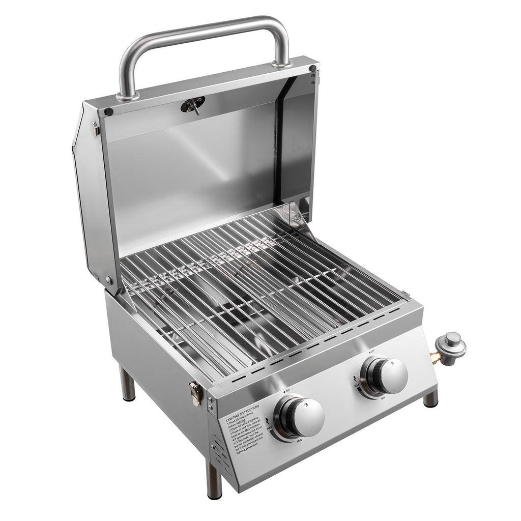 Tabletop Gas Grill, 2-Burner Stainless Steel Portable Propane Grill, With Built-in Thermometer, Travel Locks, Weatherproof Lid, 15,000 BTU Total, For Outdoor Cooking, Patio, Party, Camping, RV
