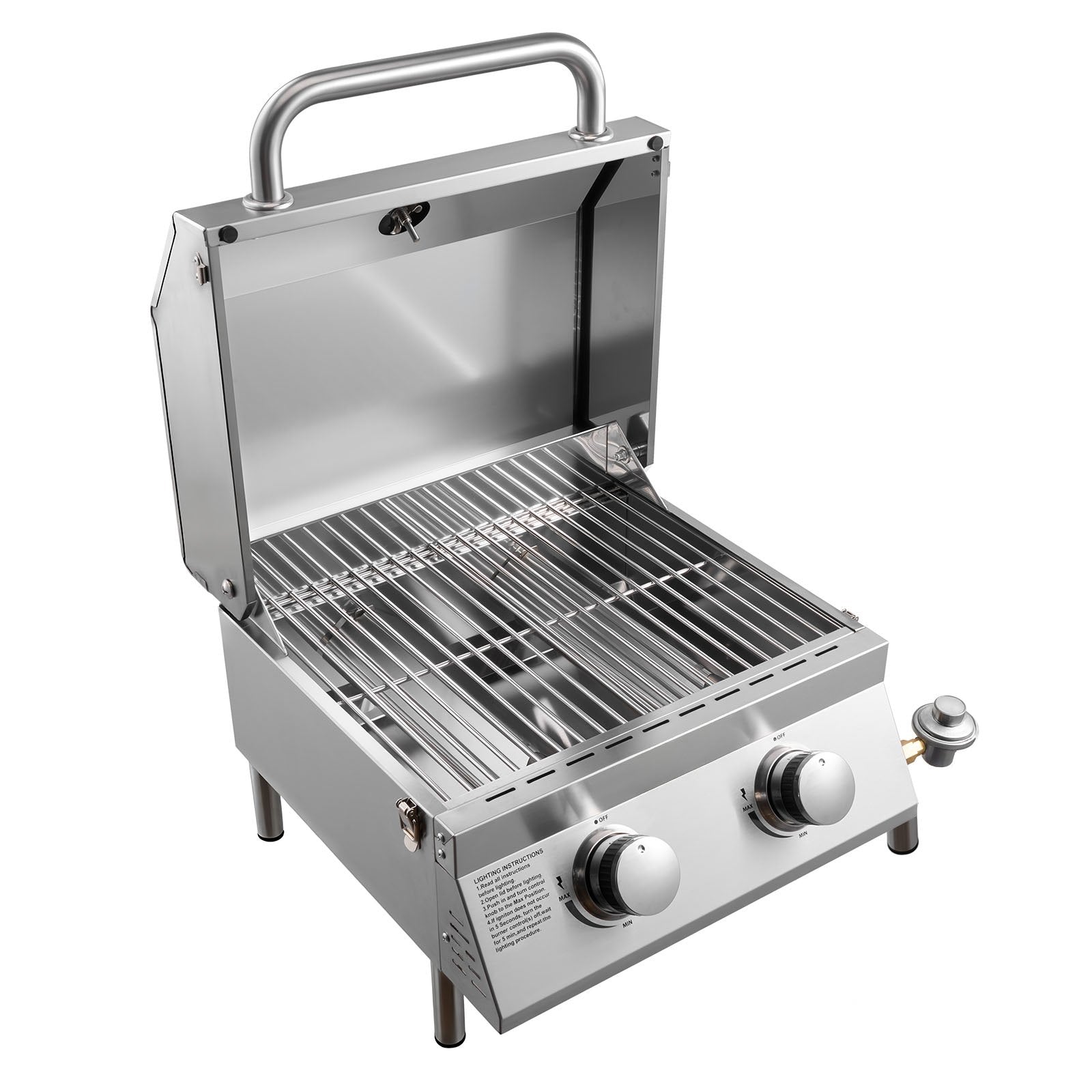 Tabletop Gas Grill, 2-Burner Stainless Steel Portable Propane Grill, With Built-in Thermometer, Travel Locks, Weatherproof Lid, 15,000 BTU Total, For Outdoor Cooking, Patio, Party, Camping, RV
