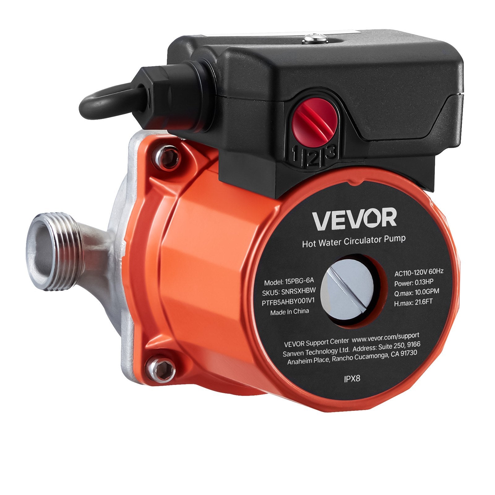 Hot Water Recirculating Pump, 10 GPM, Instant Circulation Circulator Pump System, 3-Speed Control, 0.13 HP, 110-120V, NPT 3/4 In To NPT 1/2 In Adapter, Stainless Steel Head, For Water Heaters