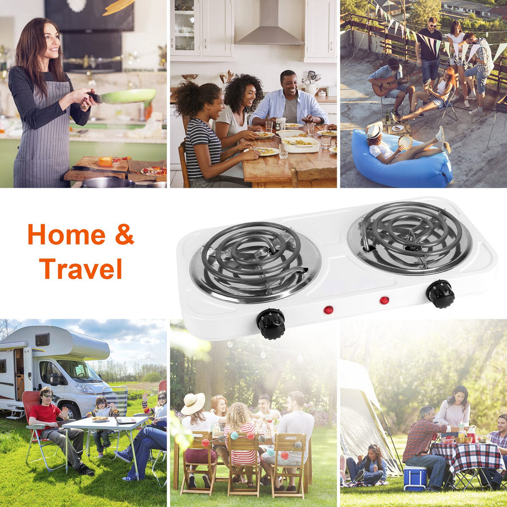 2 Color Options -- 1Pc 2000W Electric Double Burner Portable Coil Heating Hot Plate Stove Countertop RV Hotplate With Non Slip Rubber Feet 5 Temperature Adjustments