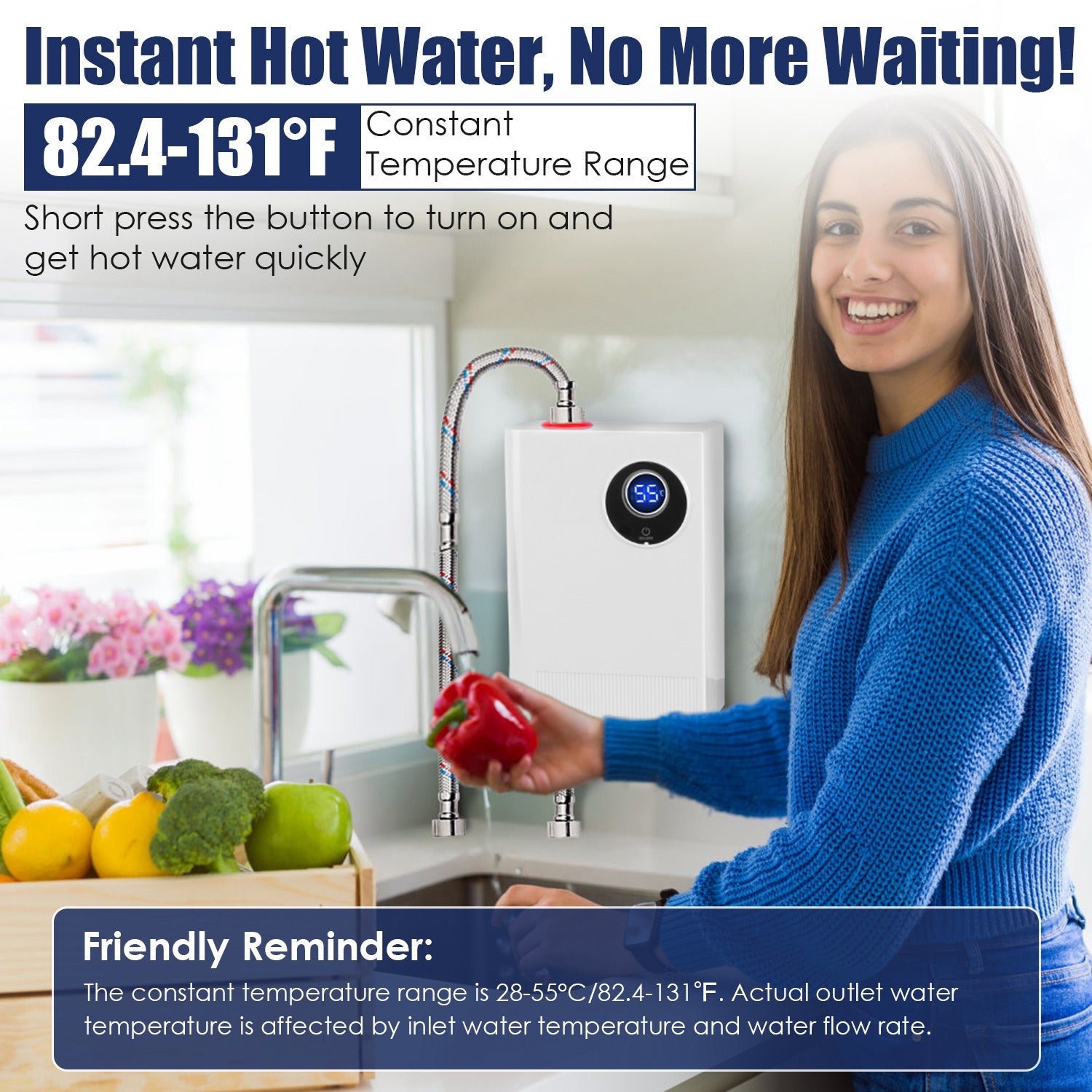 3000W Electric Tankless Water Heater Instant Mini Hot Water Heater With Digital Display For Kitchen RV Sink Bathroom