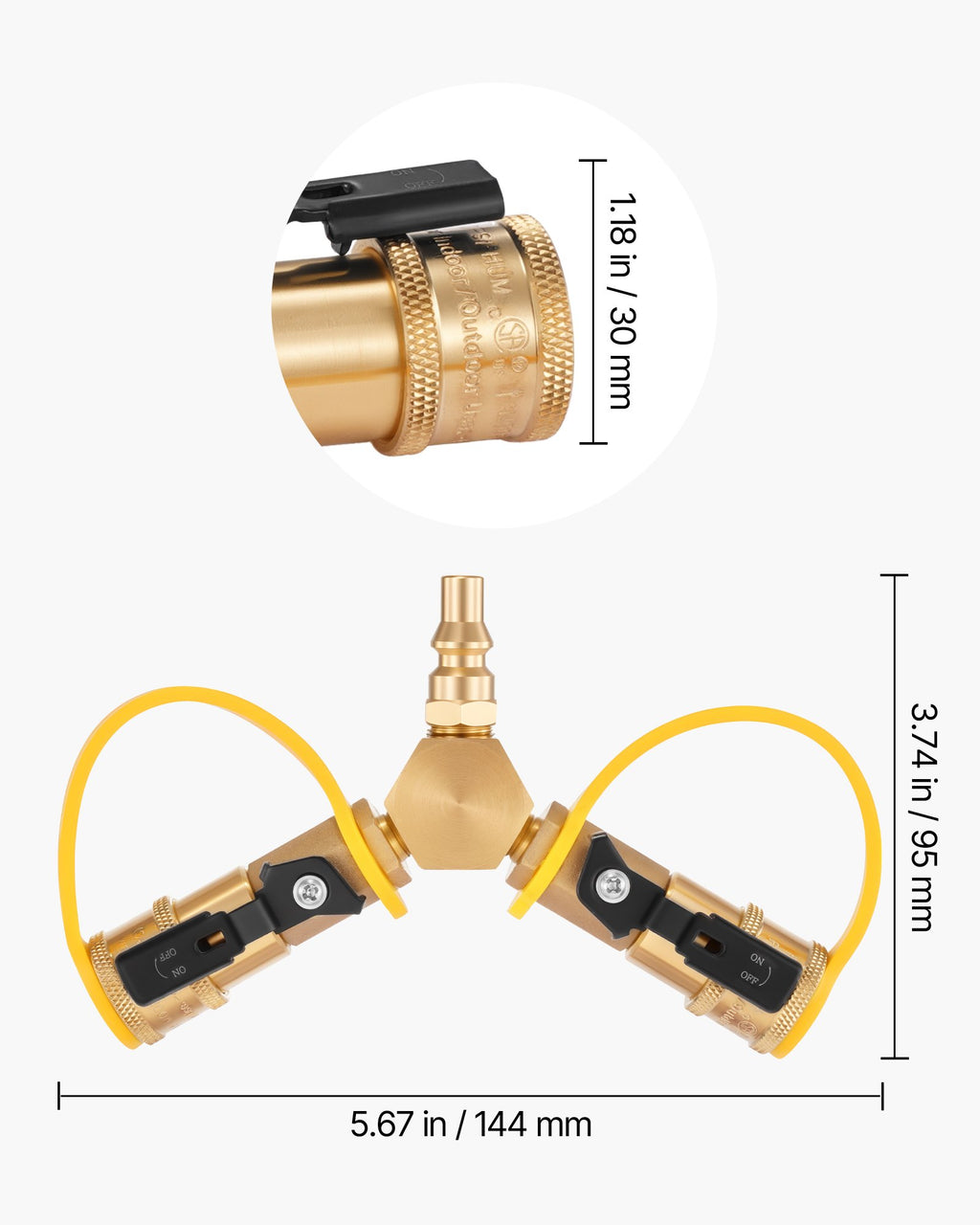 RV Propane Quick Connect Y Splitter - 2-Way 1/4" Adapter with Shutoff Valve