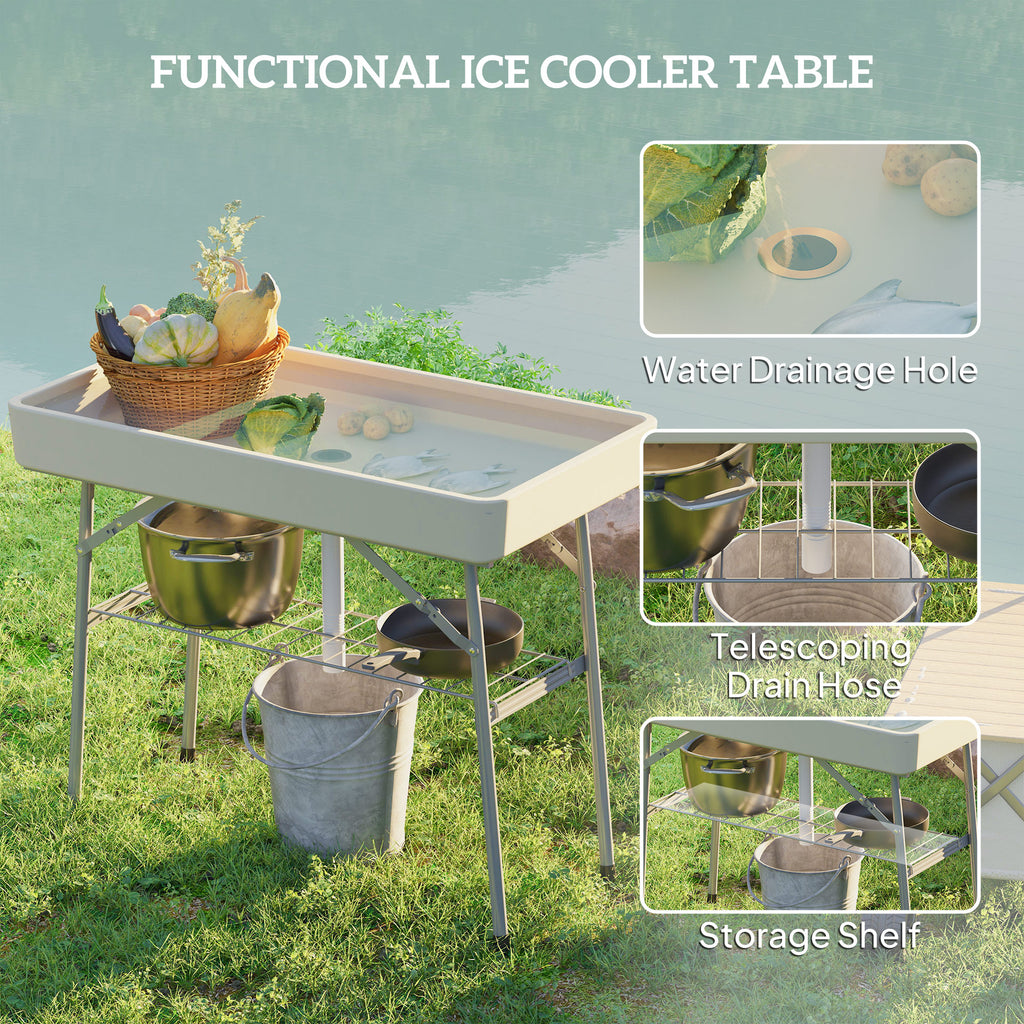 3.4ft Folding Ice Cooler Table With Drain, Fill And Chill Table Outdoor Table Cooler With Storage Shelf, Drink Cooler For Parties Picnic BBQ Camping Wedding, Tan