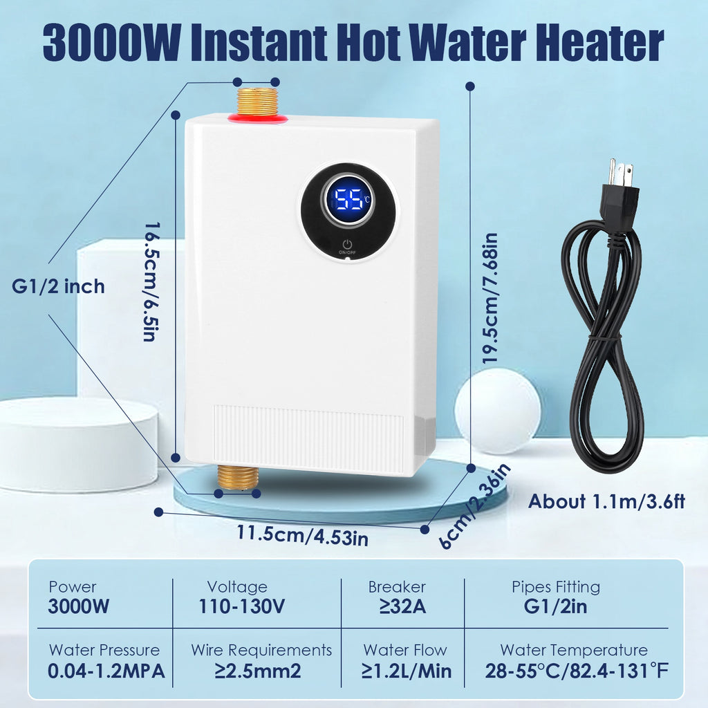 3000W Electric Tankless Water Heater Instant Mini Hot Water Heater With Digital Display For Kitchen RV Sink Bathroom