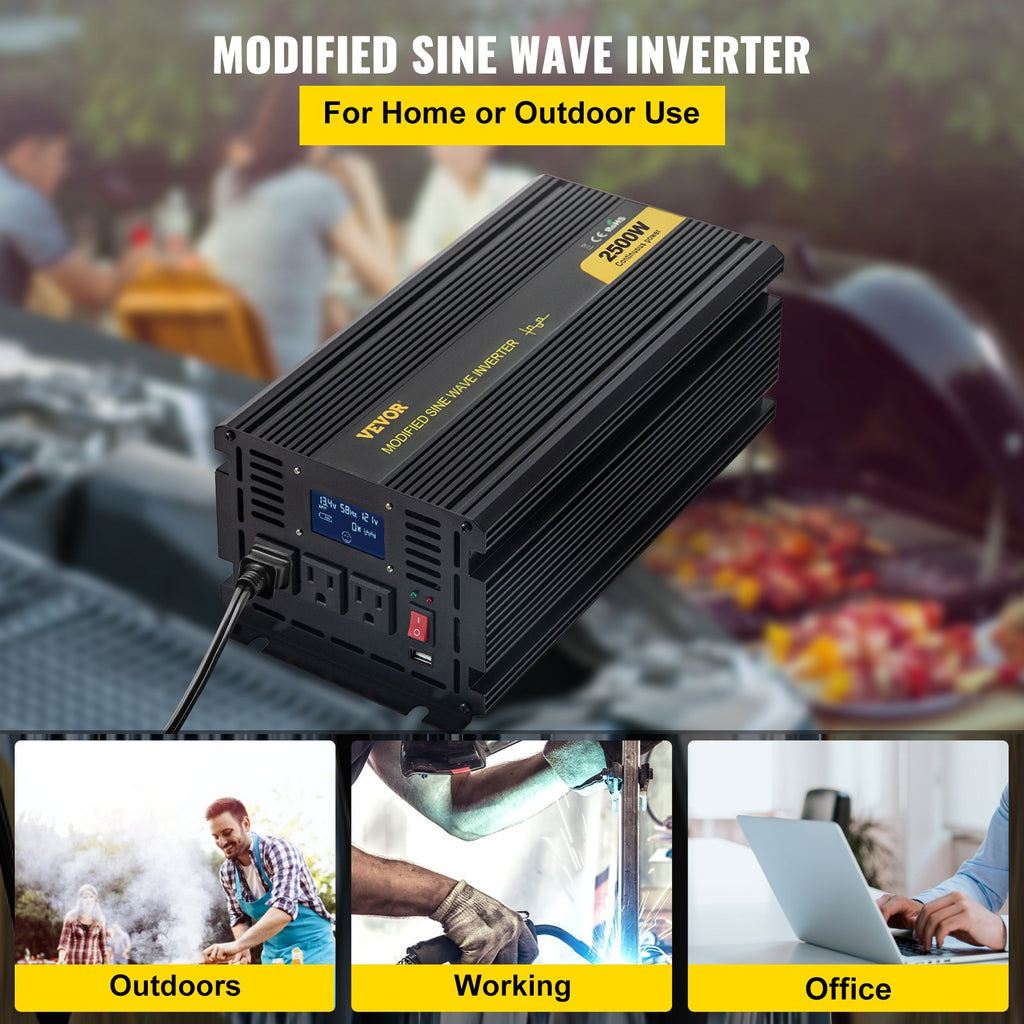 Power Inverter, 2500W Modified Sine Wave Inverter, DC 12V To AC 120V Car Converter, With LCD Display, Remote Controller, LED Indicator, AC Outlets Inverter For Truck RV Car Boat Travel Camping