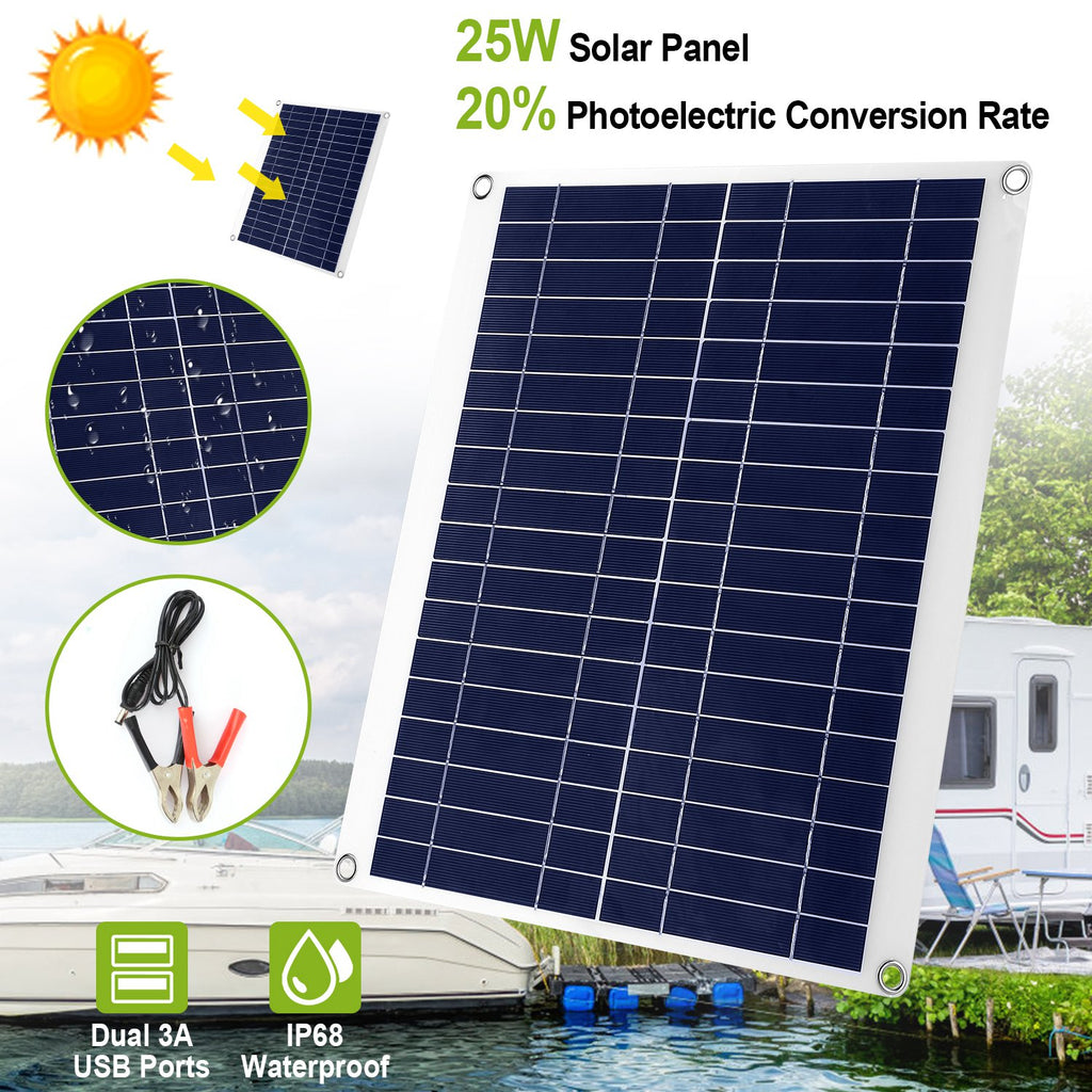 25W 12V Solar Panel Battery Charger - IP68 Waterproof with Dual USB for RV