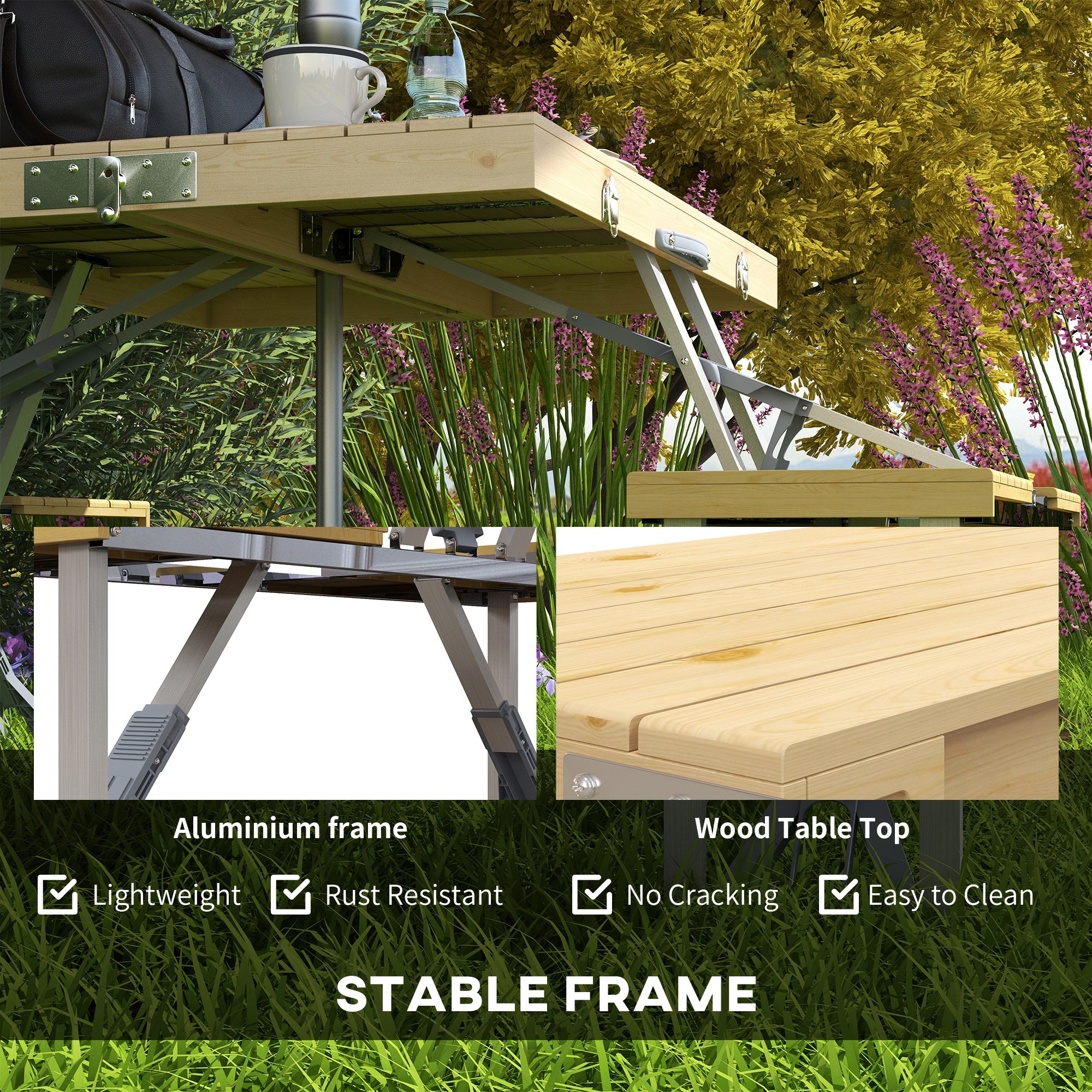 Aluminum Frame Folding Picnic Table, Portable Camping Table and Chairs Set with Umbrella Hole