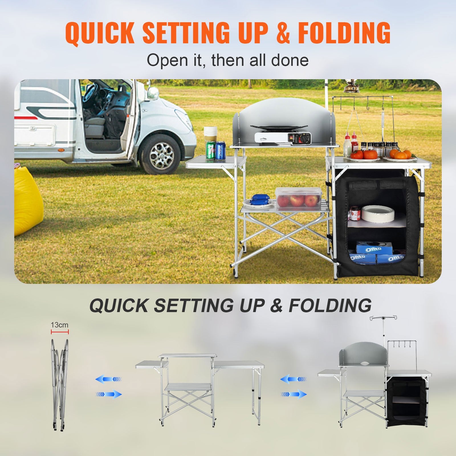 Camping Kitchen Table, Folding Outdoor Cooking Table With Storage Carrying Bag, Aluminum Cook Station 1 Cupboard & Detachable Windscreen, Quick Set-up For Picnics, BBQ, RV Traveling, Black