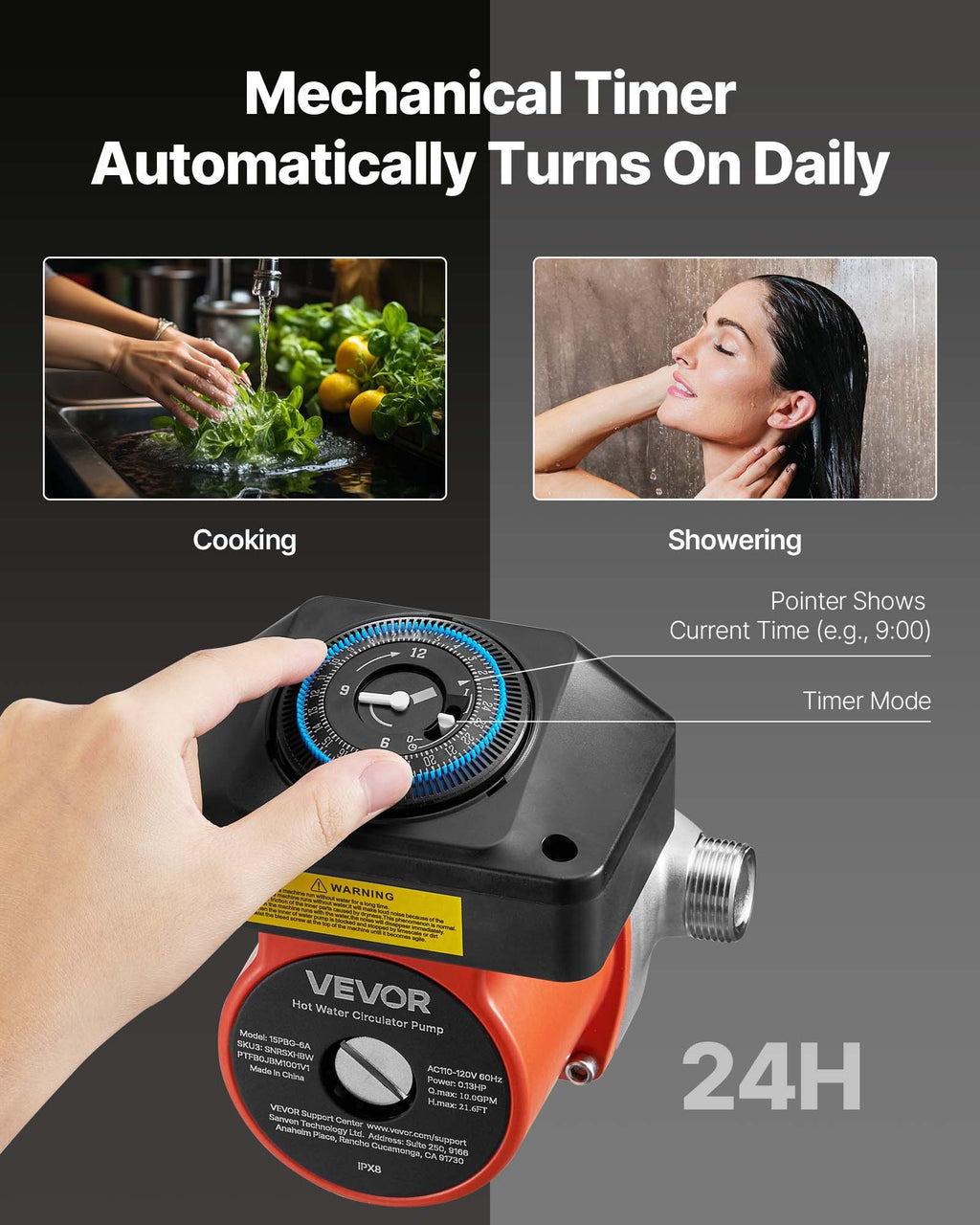 Hot Water Recirculating Pump, With Bypass Valve, Instant Recirculation Pump Kit With Timer, Adapter, Circulation Circulator System, Stainless Steel Head, 0.13 HP 110-120V, For Tank Water Heaters