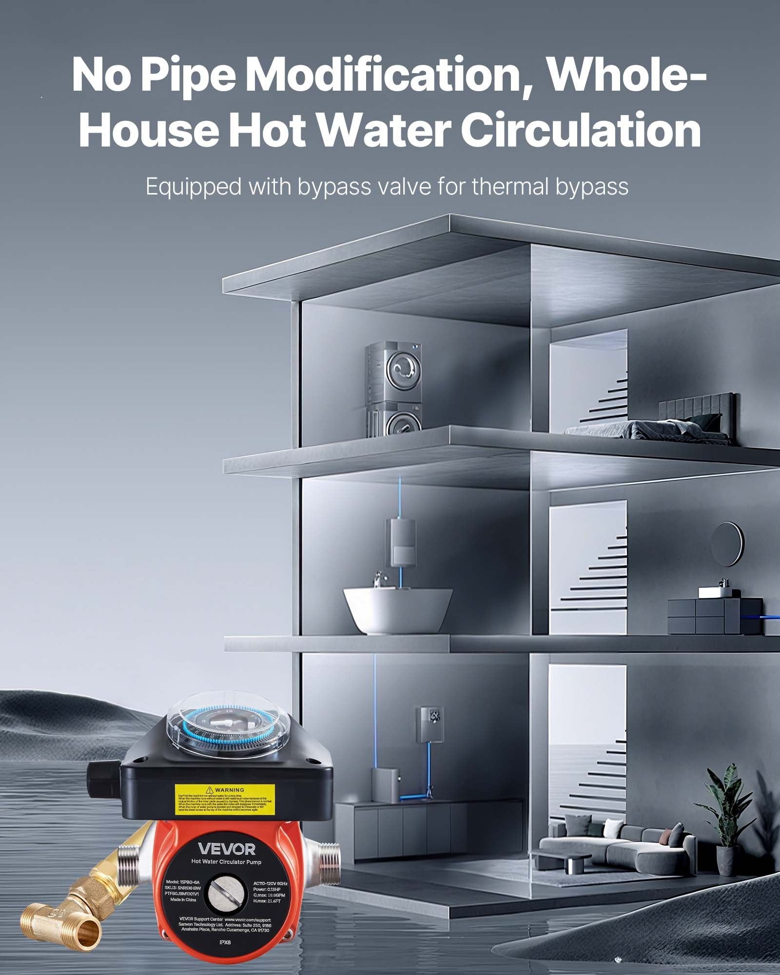 Hot Water Recirculating Pump, With Bypass Valve, Instant Recirculation Pump Kit With Timer, Adapter, Circulation Circulator System, Stainless Steel Head, 0.13 HP 110-120V, For Tank Water Heaters