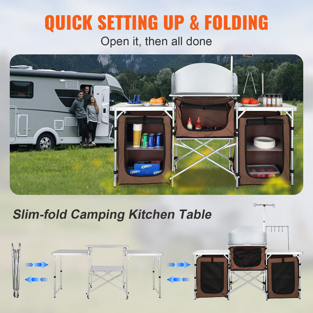 Camping Kitchen Table, Folding Outdoor Cooking Table With Storage Carrying Bag, Aluminum Cook Station 3 Cupboard & Detachable Windscreen, Quick Set-up For Picnics, BBQ, RV Traveling, Brown