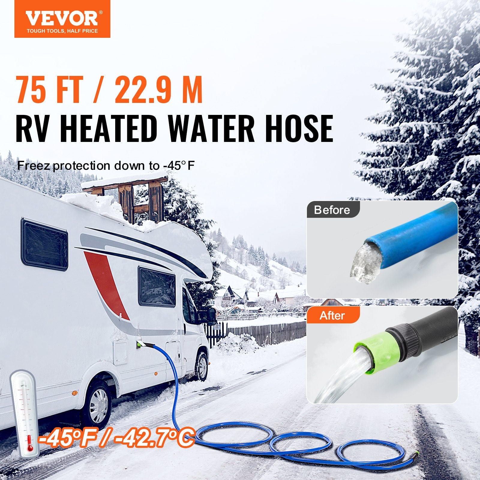 75ft Heated Water Hose For RV, Heated Drinking Water Hose Antifreeze To -45°F, Automatic Self-regulating, 5/8" I.D. With 3/4" GHT Adapter, Lead And BPA Free